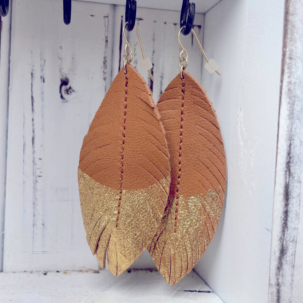 FRINGED LEATHER TAN GOLD SPRINKLED DROP EARRINGS